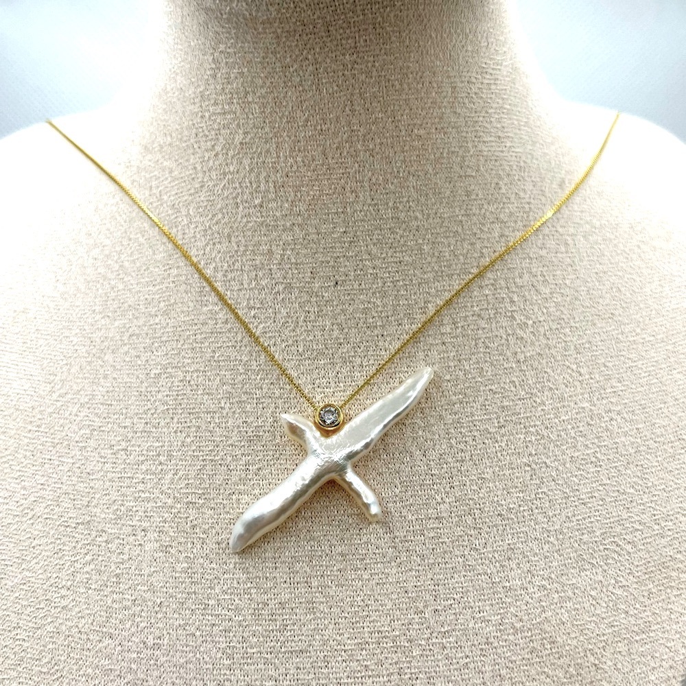 N320 Cross White Freshwater Pearl Pendant/Necklace 18K Yellow Gold over S925